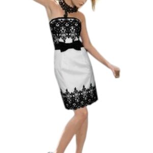 Jessica McClintock White Satin Black Lace Evening Strapless Mini Dress Size 8